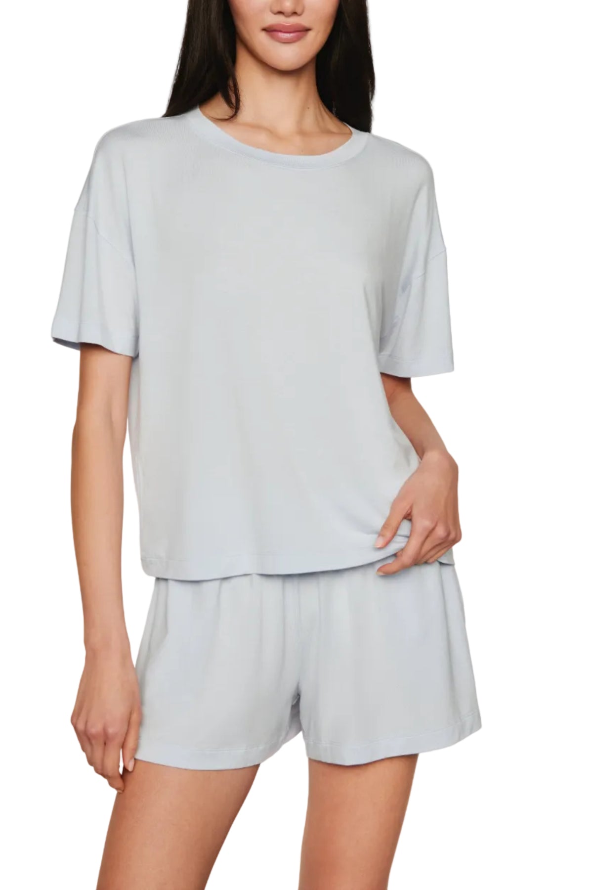 Front view of Gisele Separates short in Ice Blue showcasing elastic waistband with adjustable drawstring and side pockets on white background