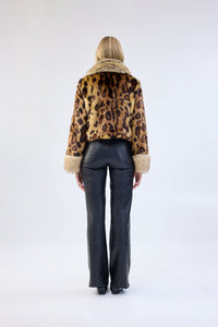 A model viewed from the back wearing a leopard print faux fur jacket.