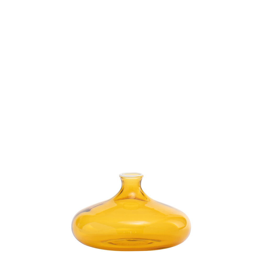 Front view of Un Fiore Vase 19 showcasing a low rounded golden yellow glass body with a short narrow neck on a white background