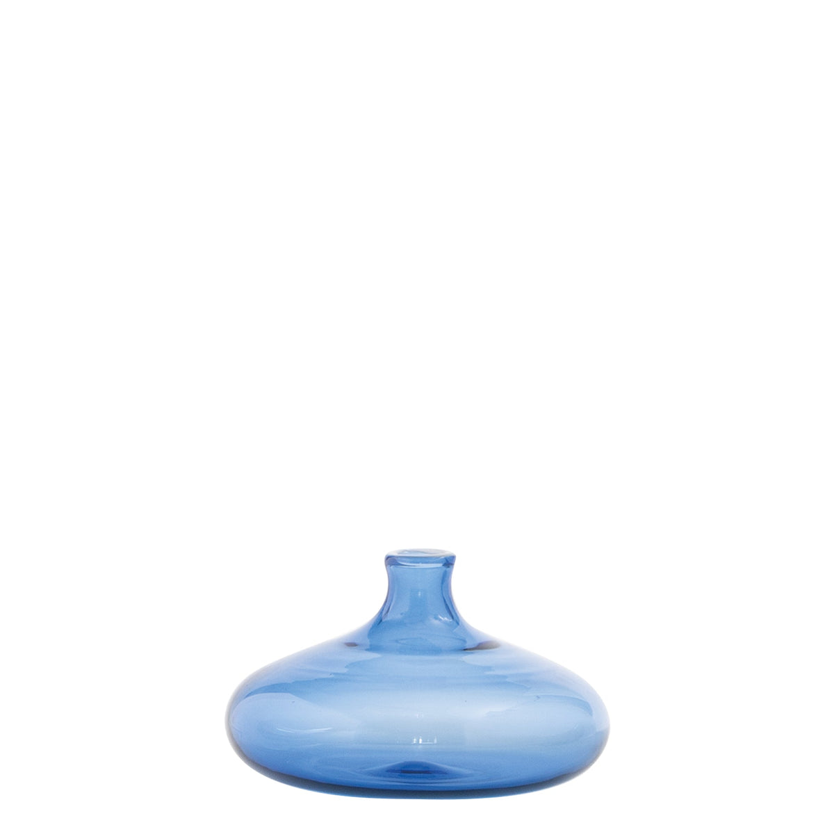 Front view of Un Fiore Vase 19 in light blue showcasing low rounded body and short narrow neck on white background