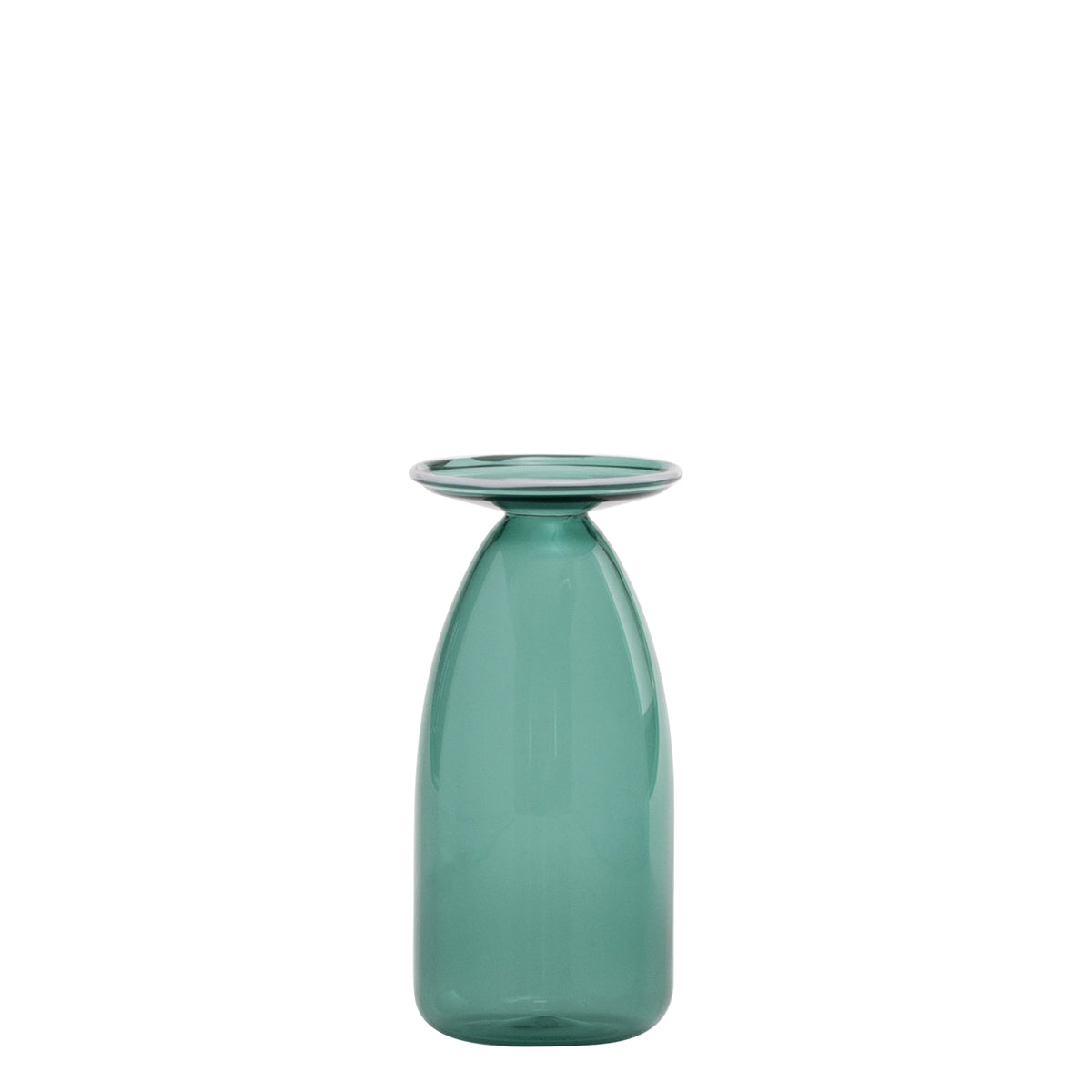 Front view of Un Fiore Vase 22 in lake green showcasing a slender elongated body and flattened flared rim on white background