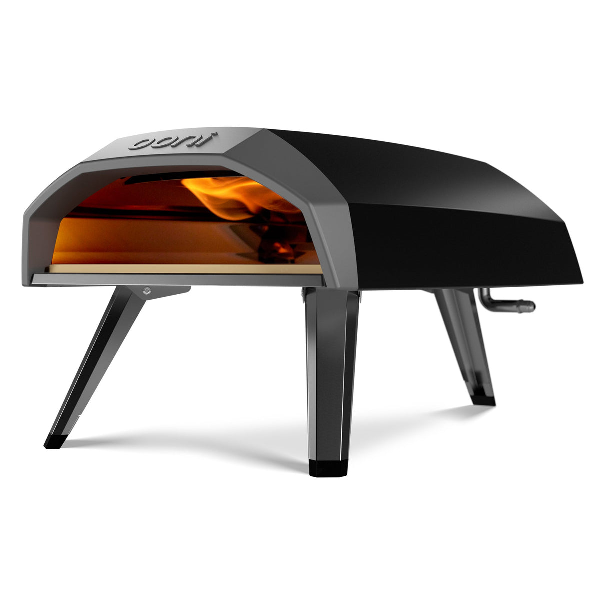Front three-quarter view of Koda 12 pizza oven showcasing open flame and cordierite stone with white background