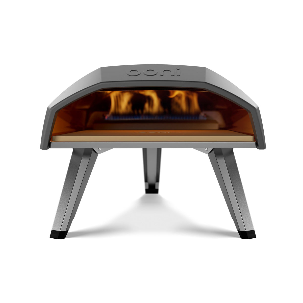 Front view of Koda 12 pizza oven showcasing open flame and cordierite stone with a white background