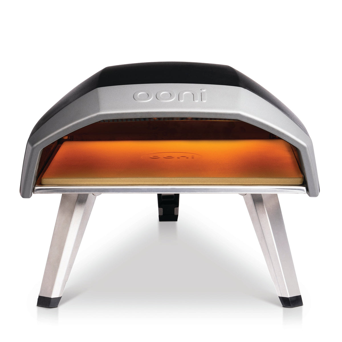 Front view of Koda 16 Gas Powered Pizza Oven showcasing cordierite stone and folding legs against a white background