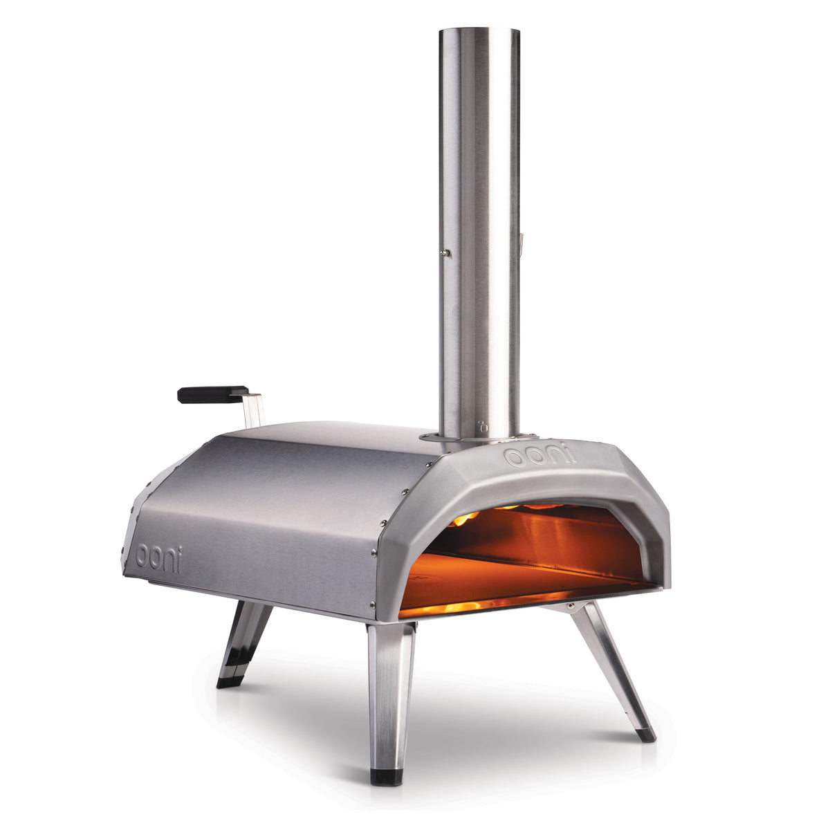 Front three-quarter view of Karu 12 Multi-Fuel Pizza Oven showcasing stainless steel body and lit oven interior on white background