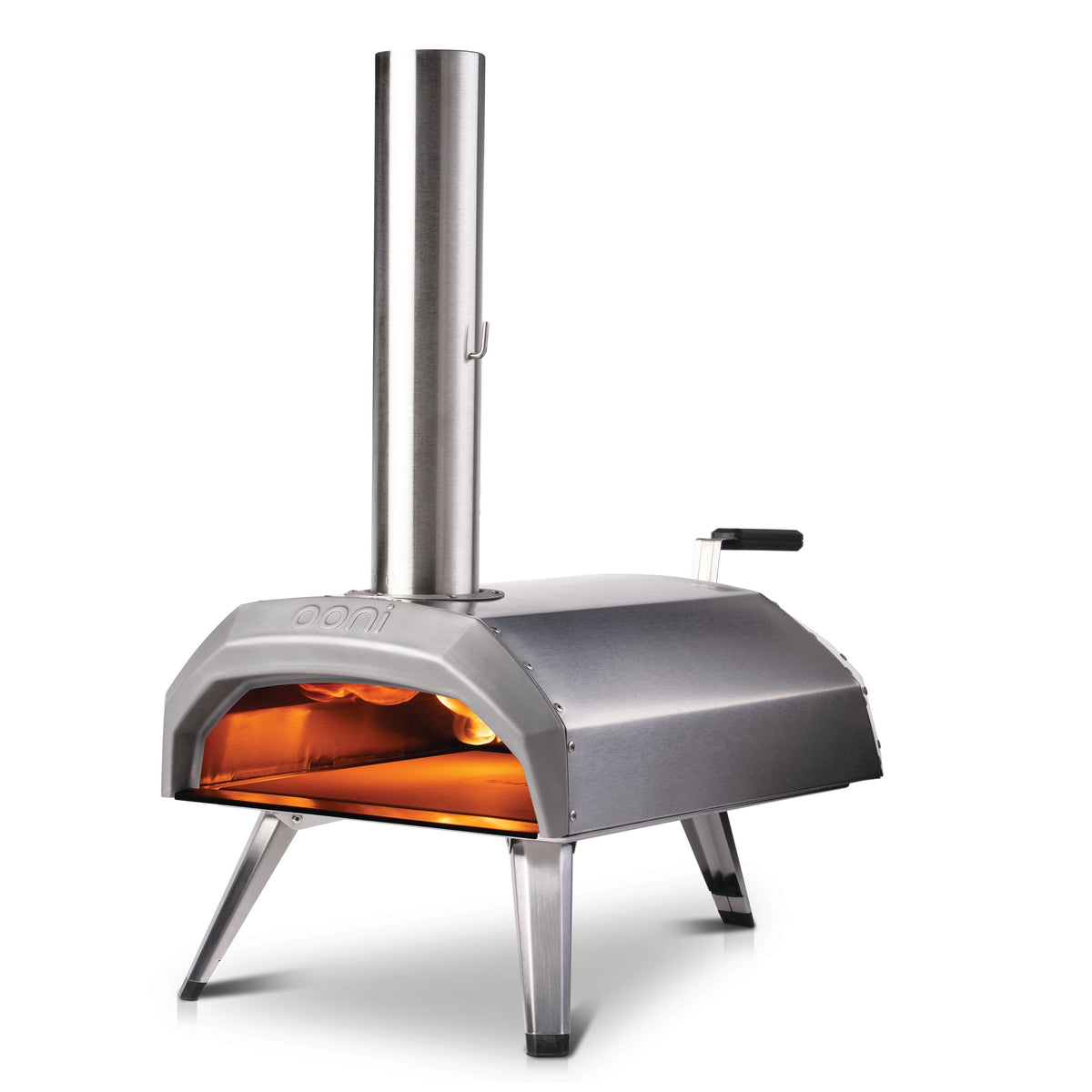 Front three-quarter view of Karu 12 Multi-Fuel Pizza Oven showcasing its open flame and chimney with white background