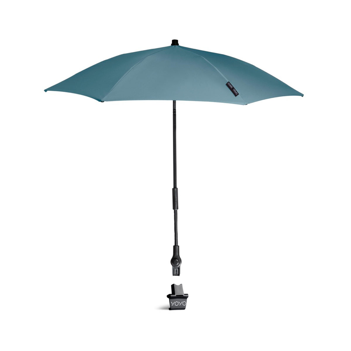 Front view of YOYO stroller parasol in aqua showcasing wide canopy and adjustable black pole with clamp on white background