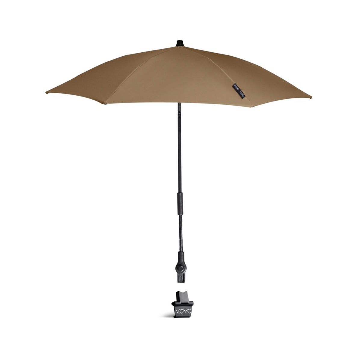 Front view of YOYO stroller parasol in toffee showcasing adjustable black frame, flexible gooseneck and mounting clip on white background