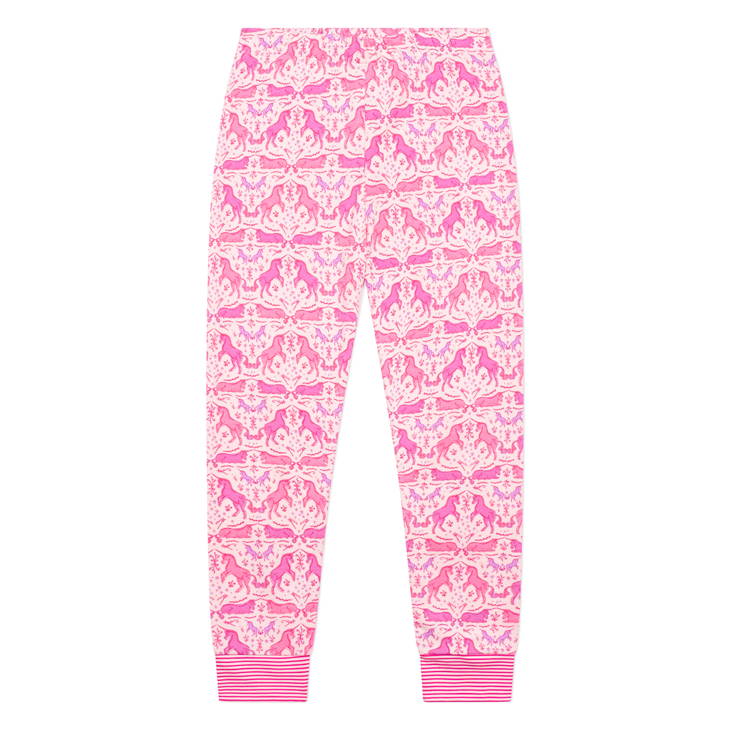 Front view of unicorn two-piece kids pajama pants showcasing a pink pattern on a white background