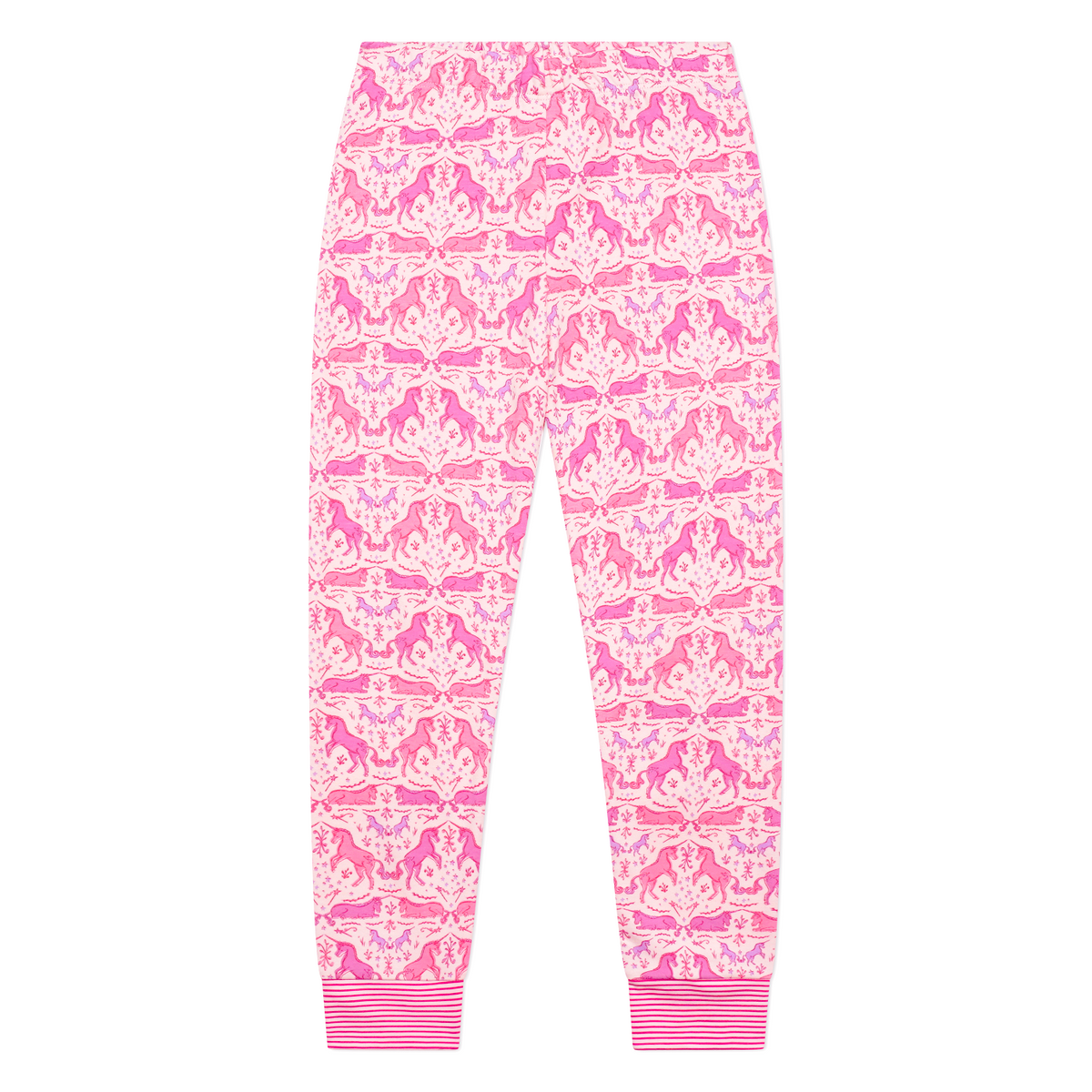 Front view of unicorn two-piece kids pajama pants showcasing a pink pattern on a white background