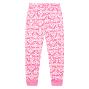 Front view of unicorn two-piece kids pajama pants showcasing a pink pattern on a white background