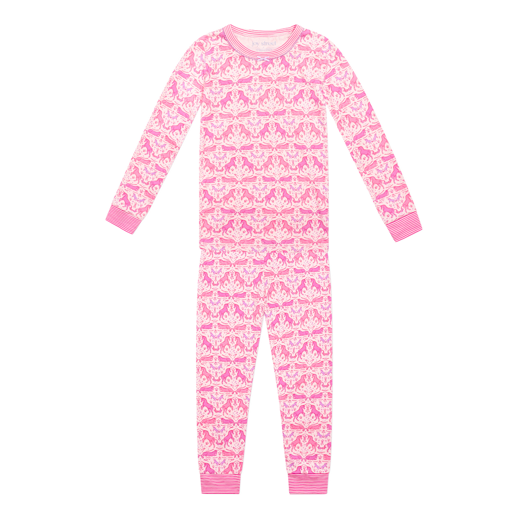 Front view of pink unicorn two-piece kids pajamas showcasing a long-sleeve top and matching pants on a white background