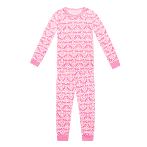 Front view of pink unicorn two-piece kids pajamas showcasing a long-sleeve top and matching pants on a white background