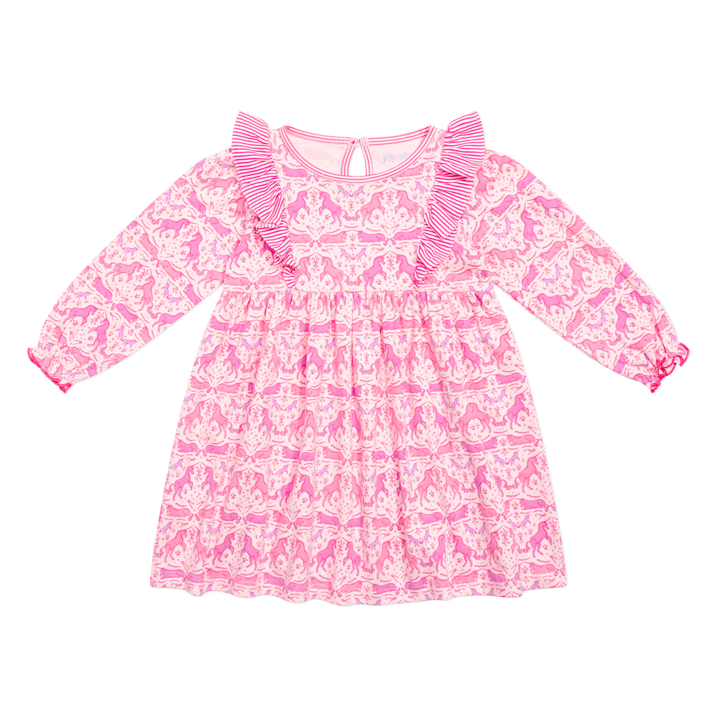 Front view of Unicorns Lily Long Sleeve Play Dress showcasing pink unicorn print and ruffle bodice detail on white background