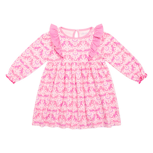 Front view of Unicorns Lily Long Sleeve Play Dress showcasing pink unicorn print and ruffle bodice detail on white background