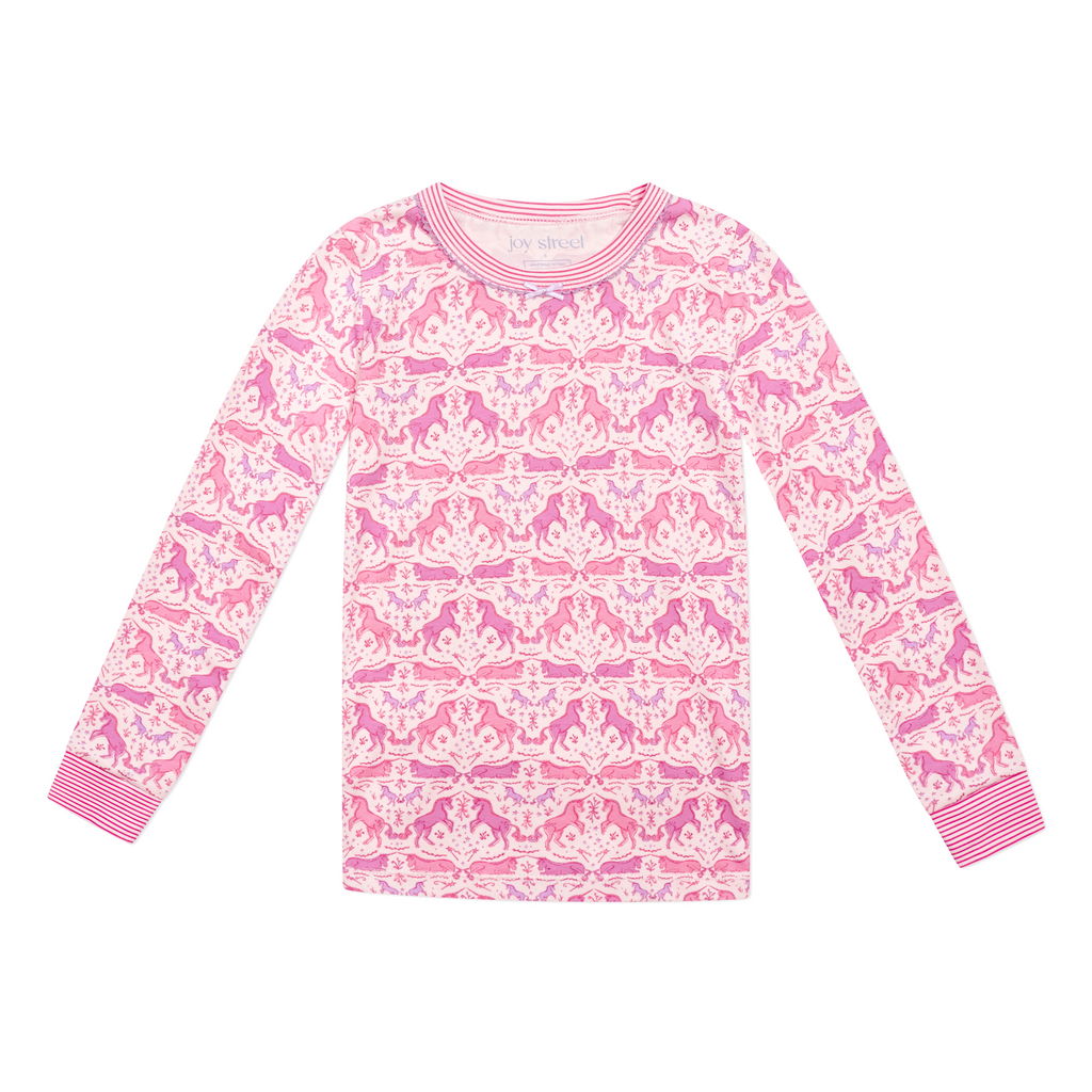 Front view of pink unicorn-print long-sleeve pajama top with ribbed cuffs on a white background