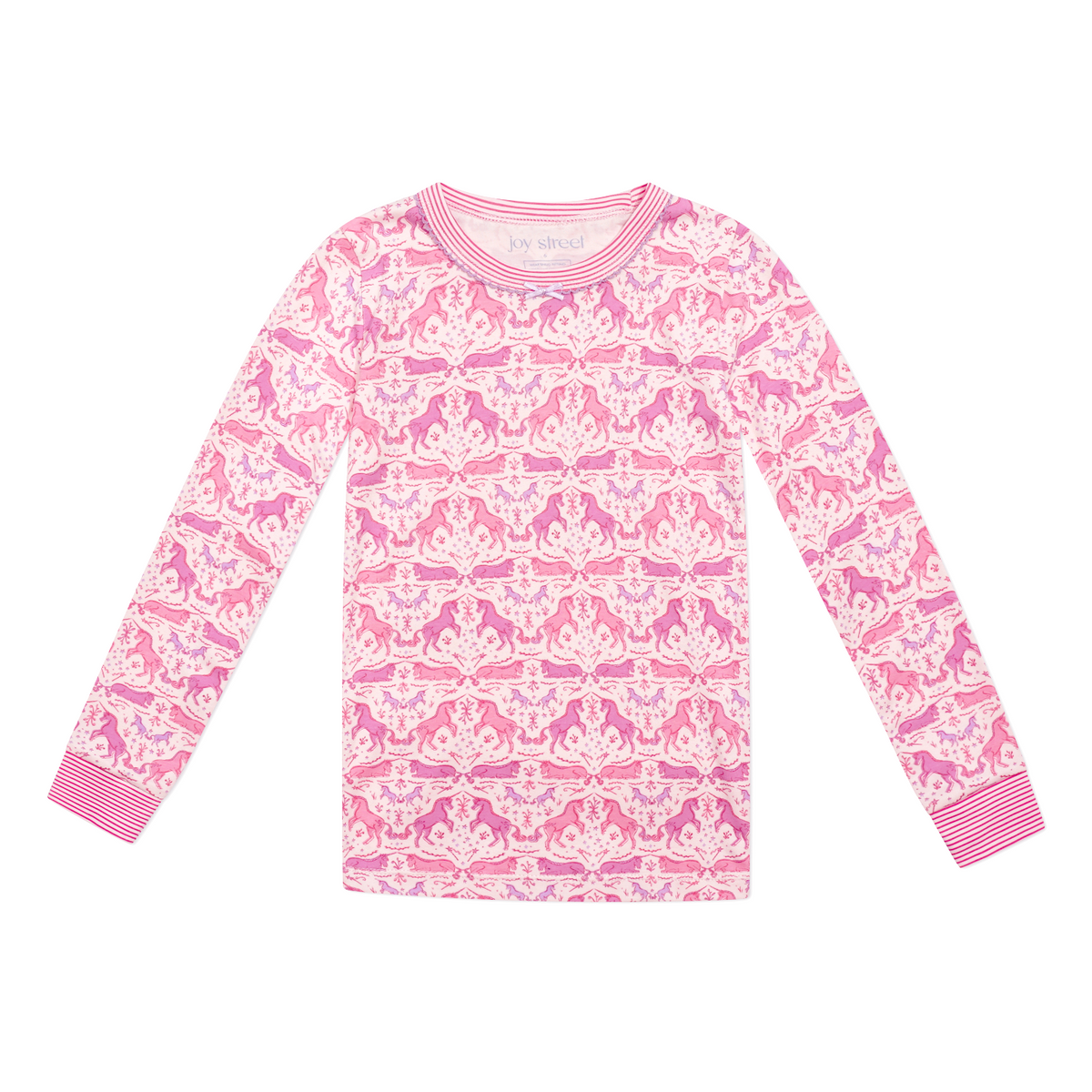 Front view of pink unicorn-print long-sleeve pajama top with ribbed cuffs on a white background