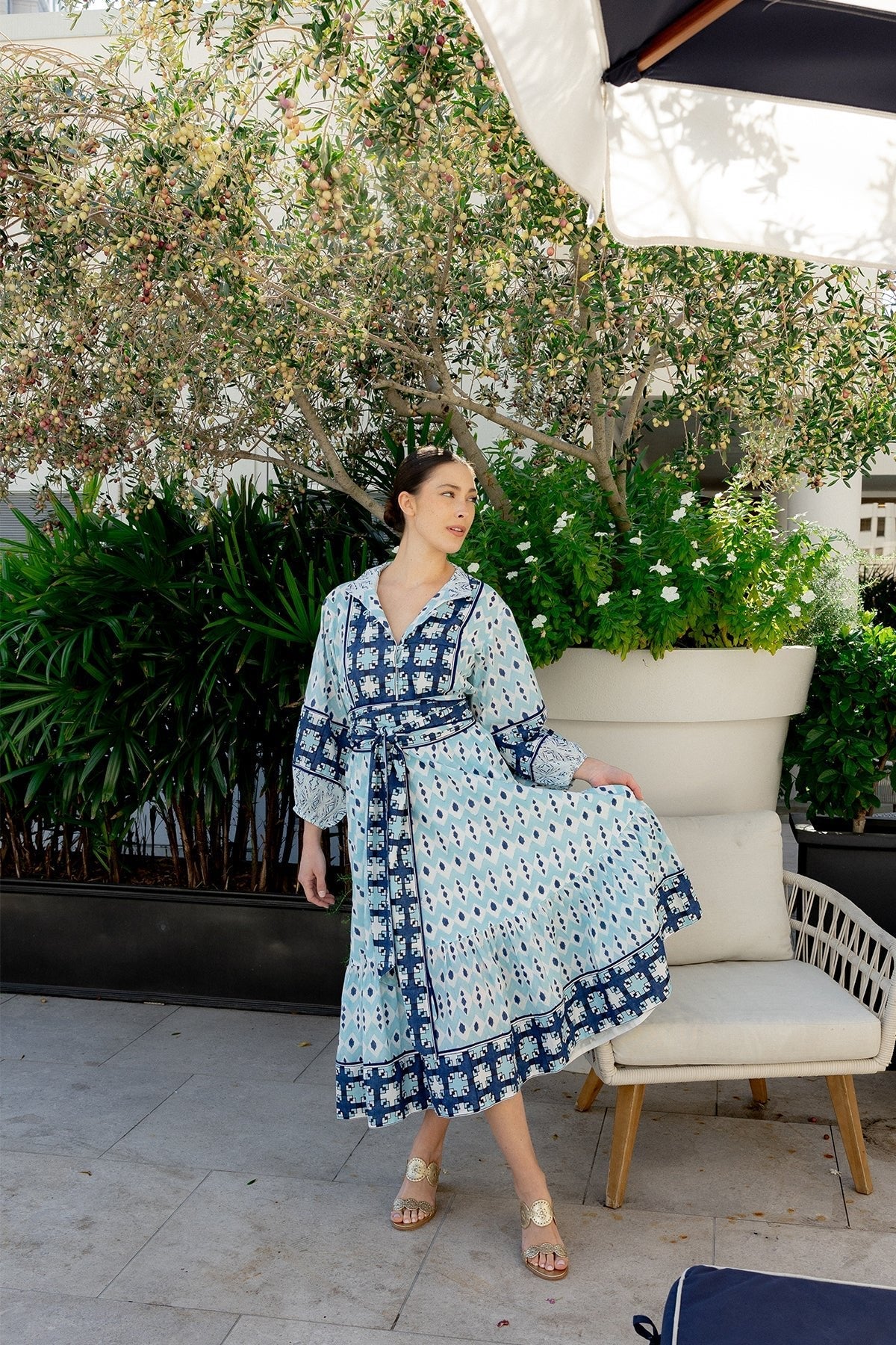 Flounce Dress in Dusty Blue & Navy Ikat