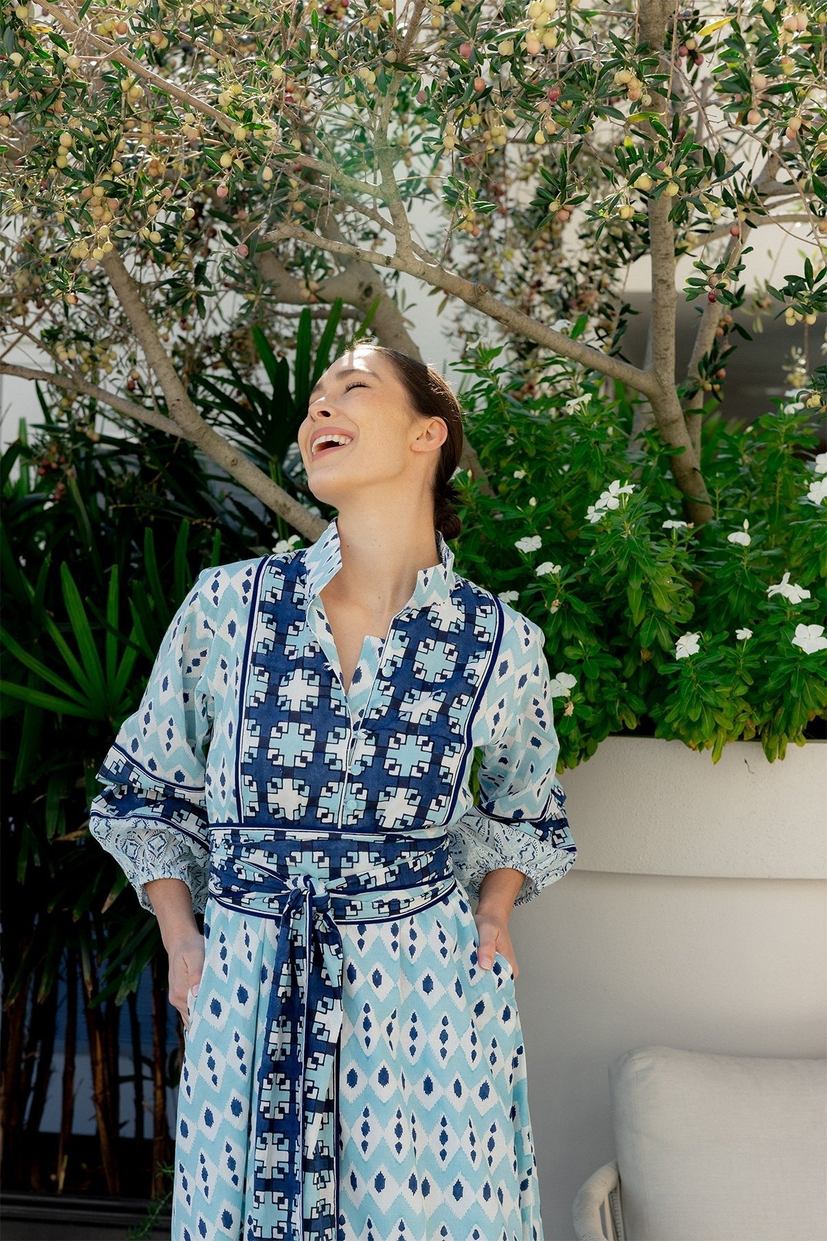 Flounce Dress in Dusty Blue & Navy Ikat