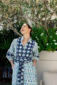 Flounce Dress in Dusty Blue & Navy Ikat