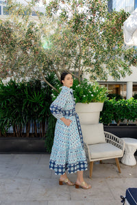 Flounce Dress in Dusty Blue & Navy Ikat