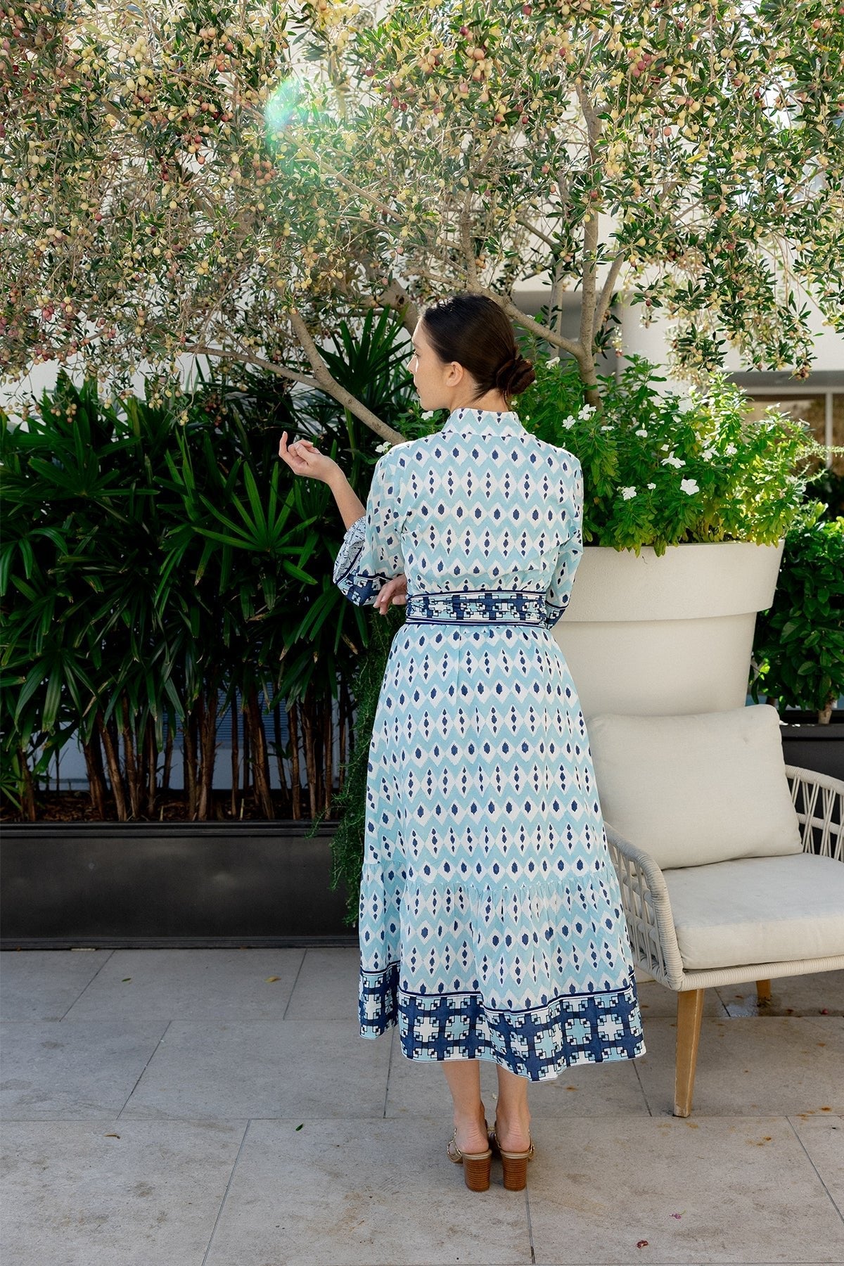 Flounce Dress in Dusty Blue & Navy Ikat