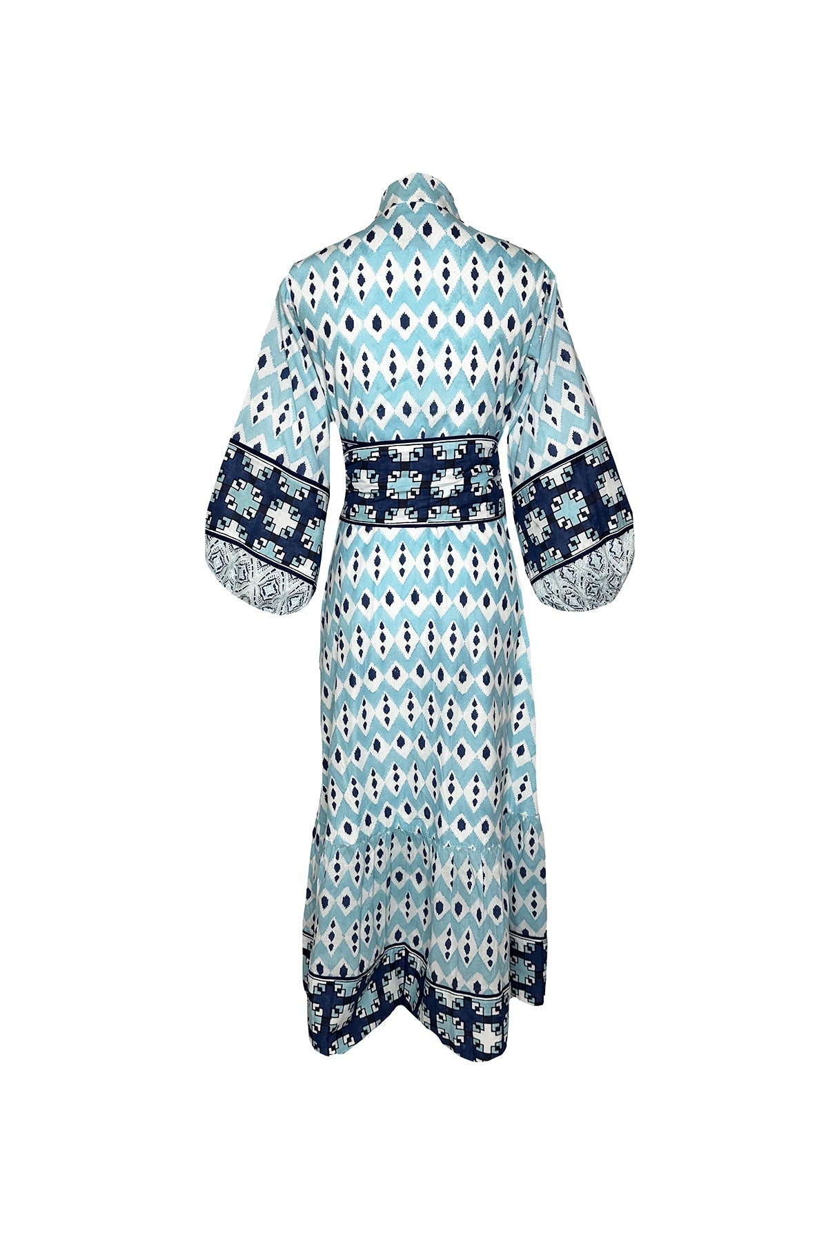 Flounce Dress in Dusty Blue & Navy Ikat