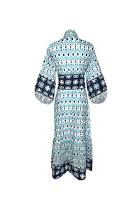 Flounce Dress in Dusty Blue & Navy Ikat