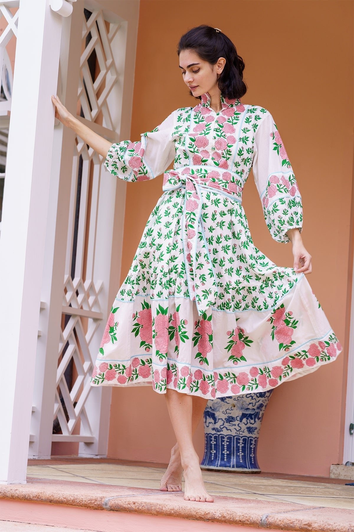Flounce Dress in Peony Pink & Kelly Green Peony