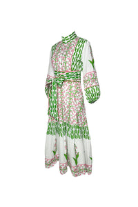 Flounce Dress in Guava & Kelly Green Lily of the Valley