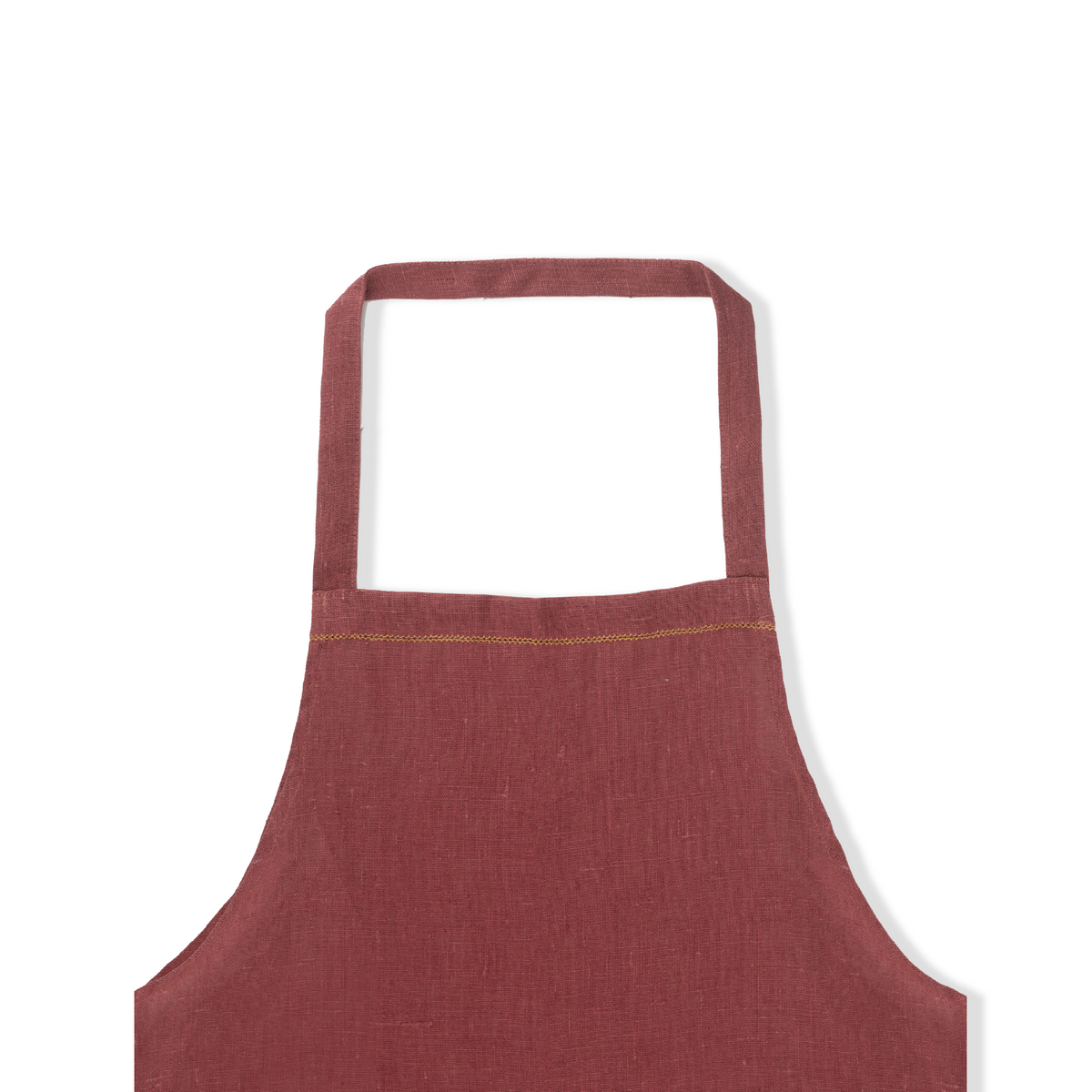 detail of marsala linen apron with ochre hemstitch 