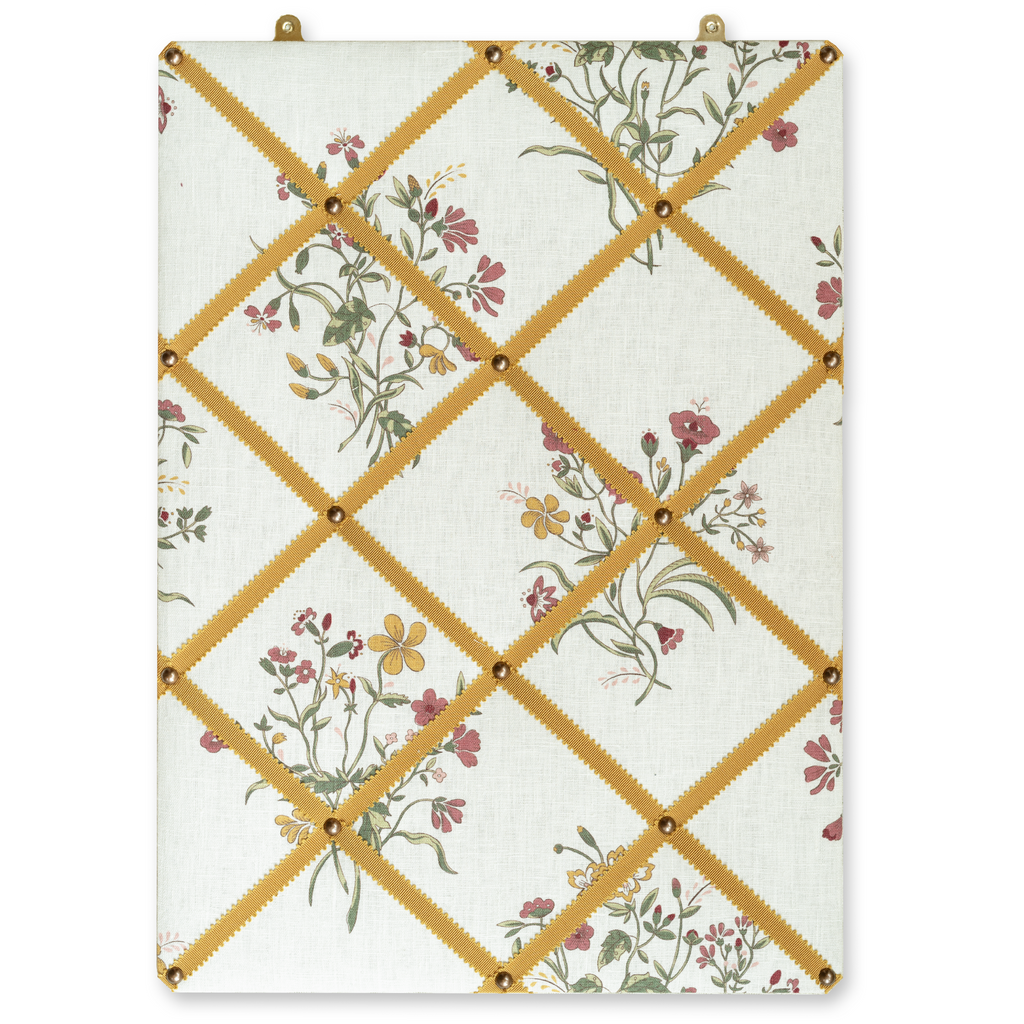 Ribboned Bulletin Board in Flax & Field Flower Scarlet Print with Ochre Trim