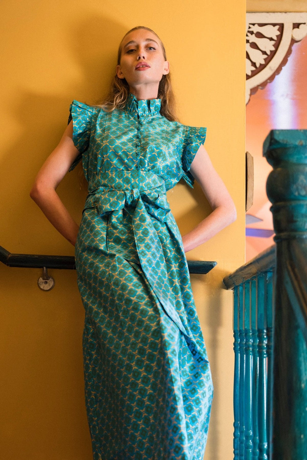 Fairfield Dress in Peacock Taffeta Emerald & Gold Quatrefoil