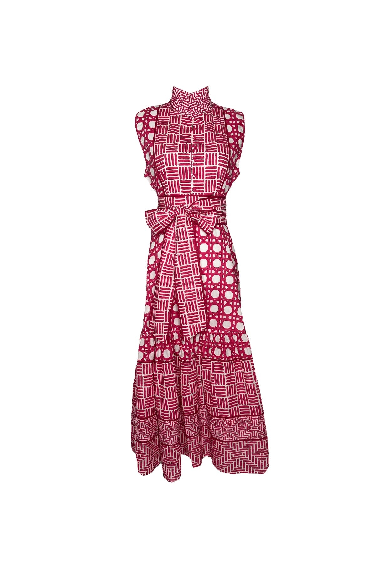Sleeveless Flounce Dress in Fuchsia Caning