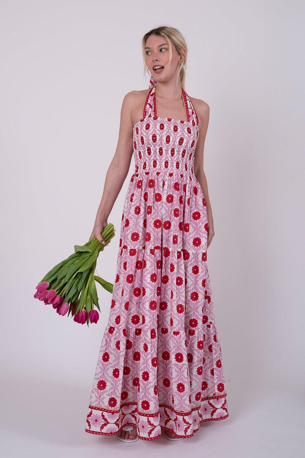Smocked Halter Dress in Red & Blush Cosmos
