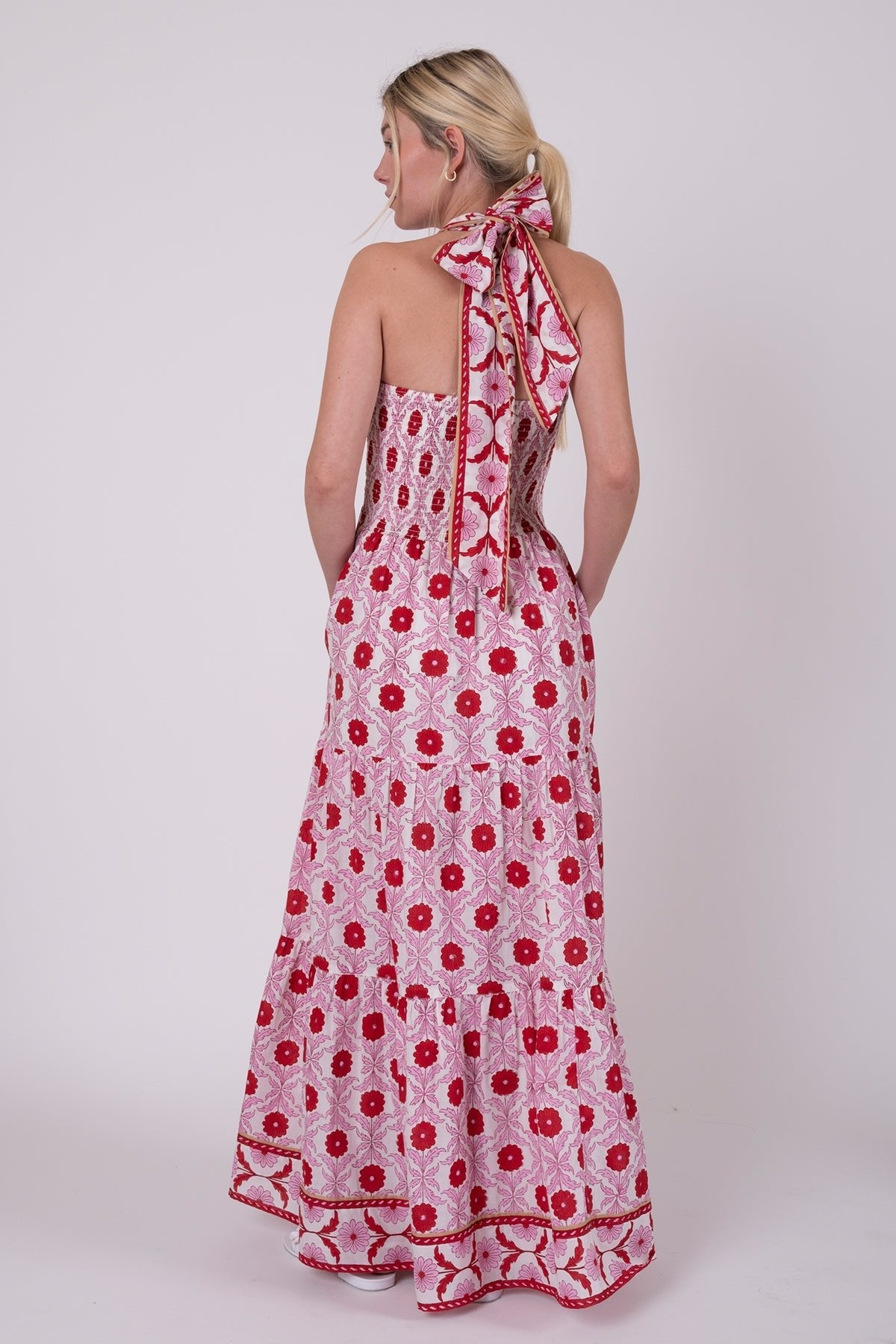 Smocked Halter Dress in Red & Blush Cosmos