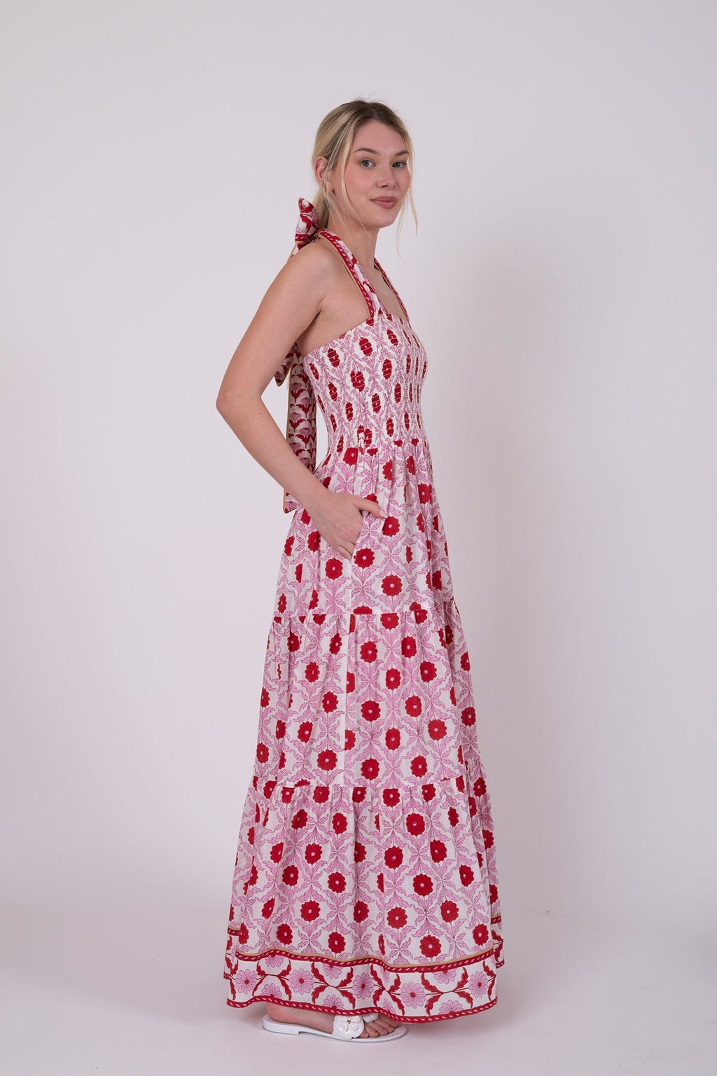 Smocked Halter Dress in Red & Blush Cosmos