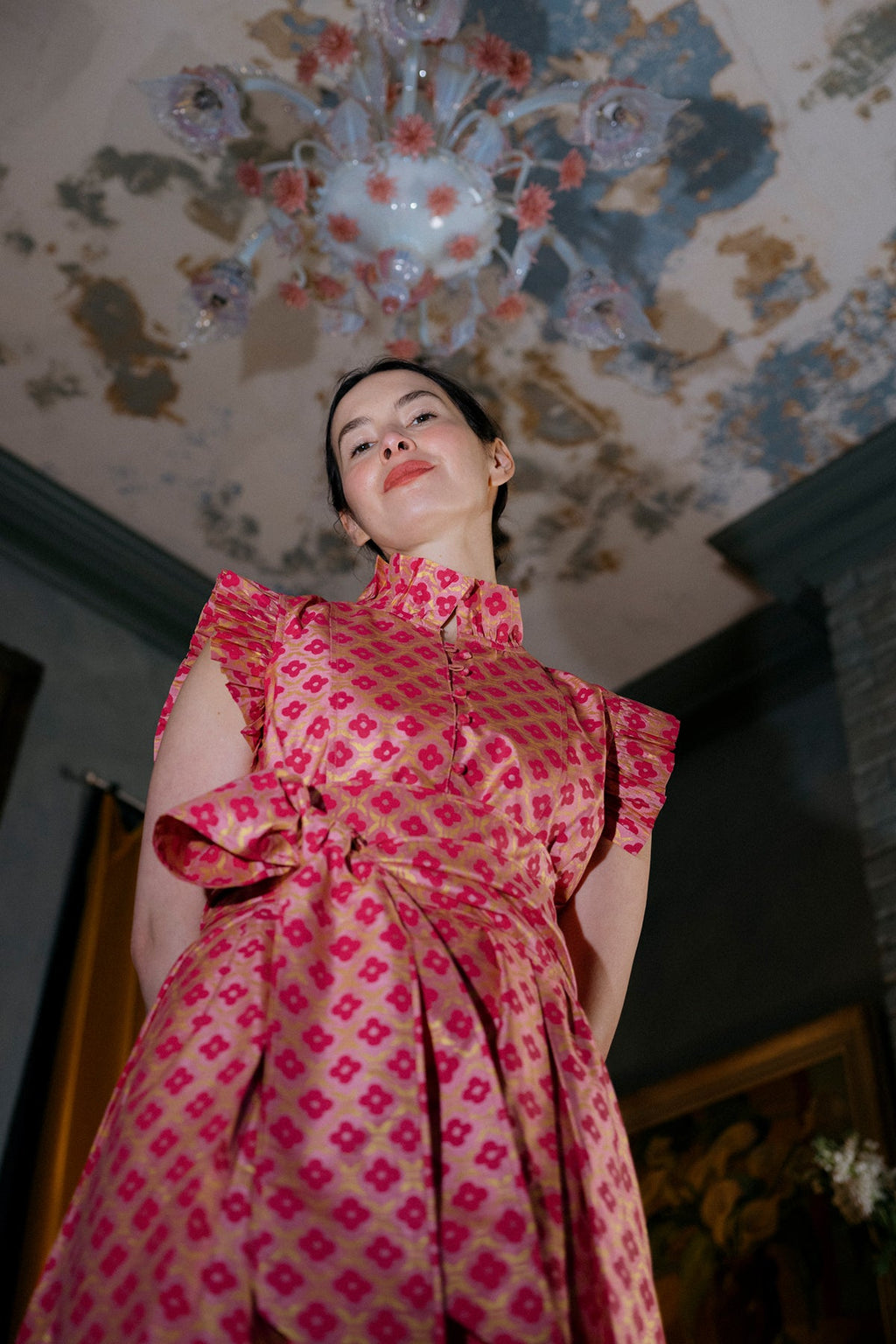 Fairfield Dress in Peony Taffeta Fuchsia & Gold Quatrefoil