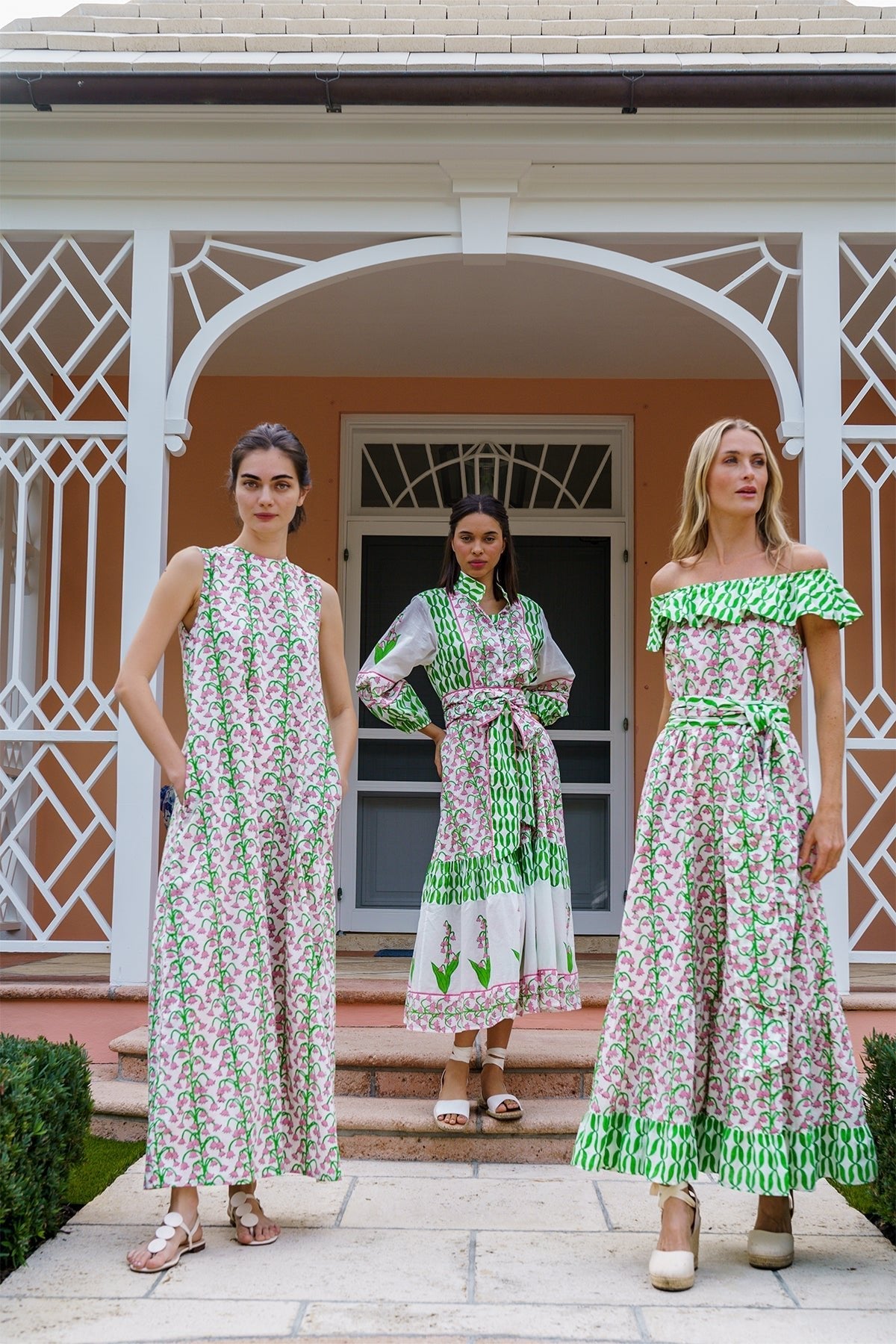 Flounce Dress in Guava & Kelly Green Lily of the Valley