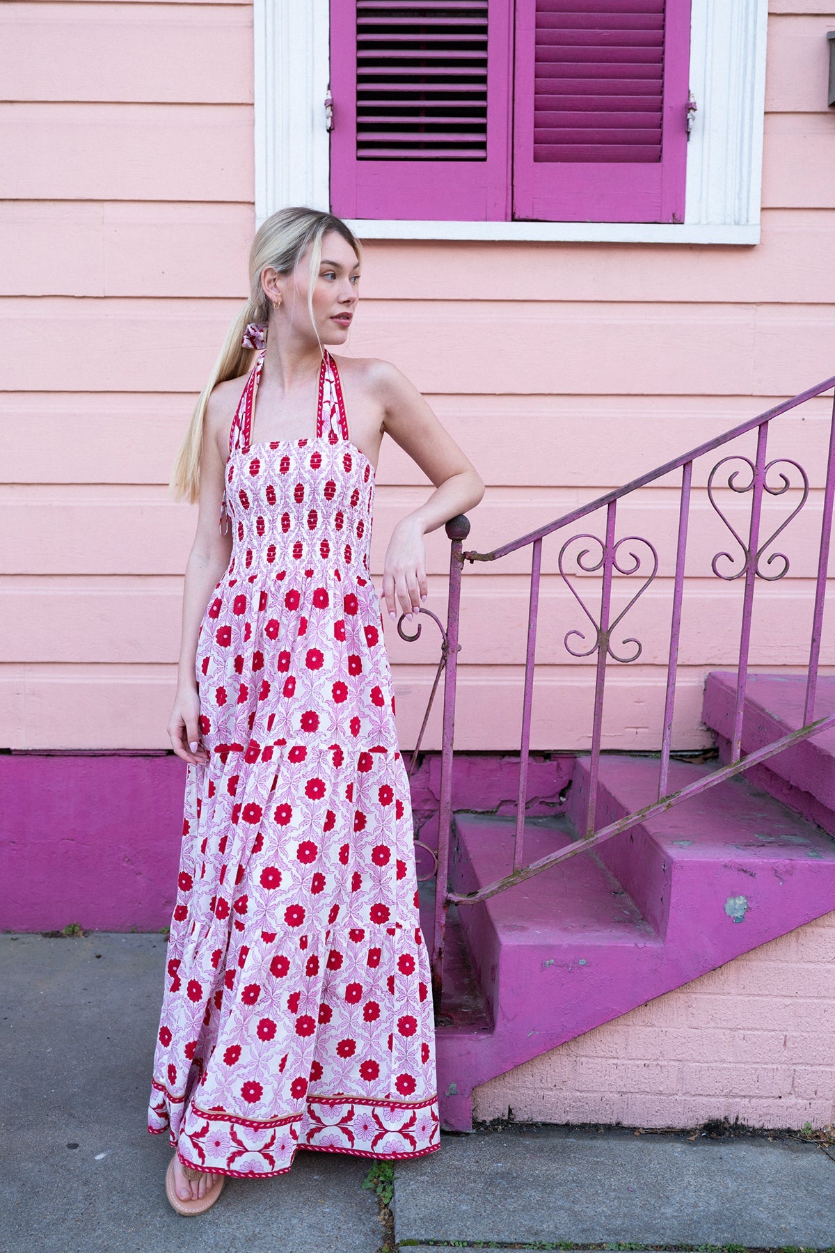 Smocked Halter Dress in Red & Blush Cosmos