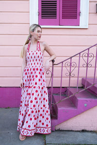 Smocked Halter Dress in Red & Blush Cosmos