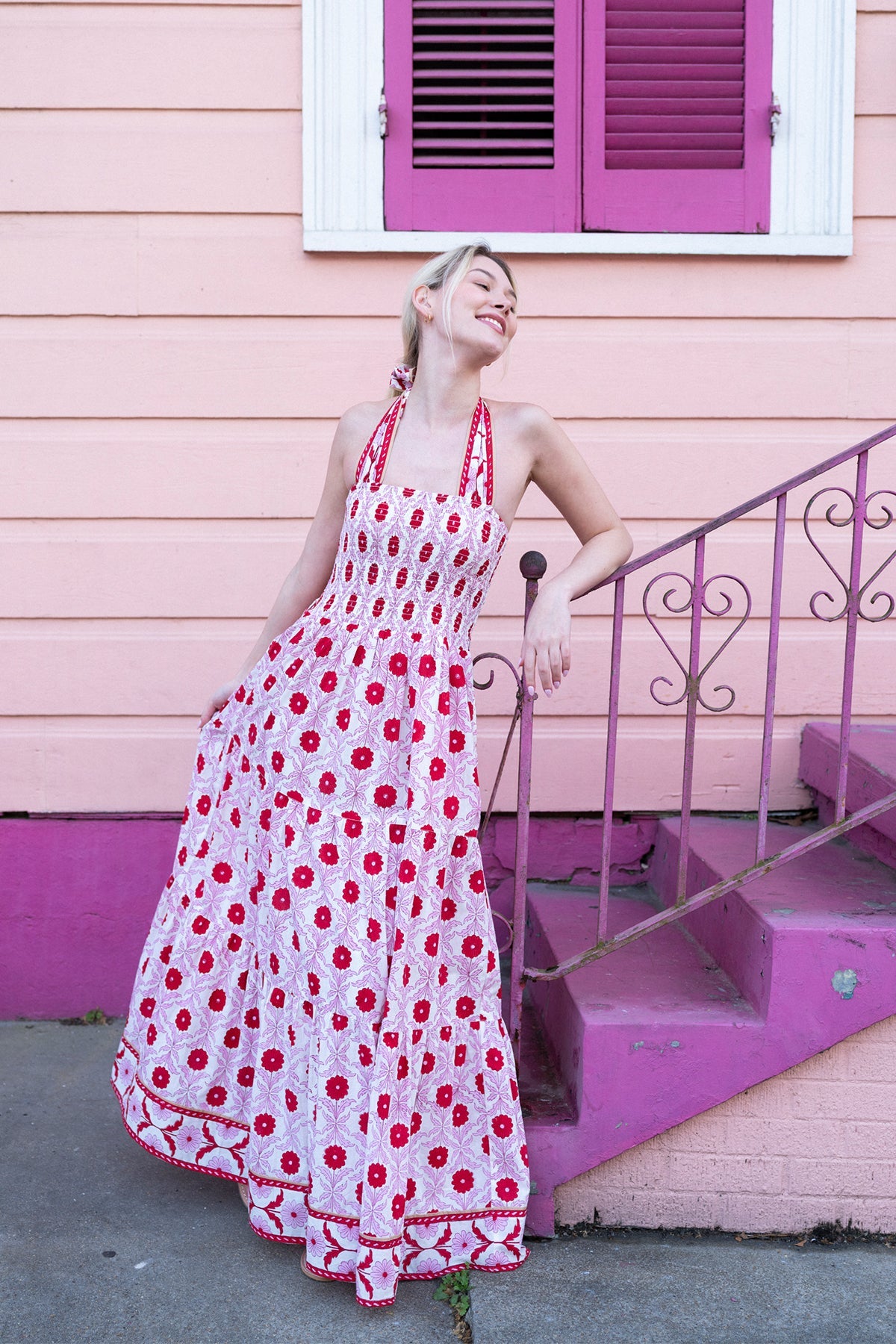 Smocked Halter Dress in Red & Blush Cosmos