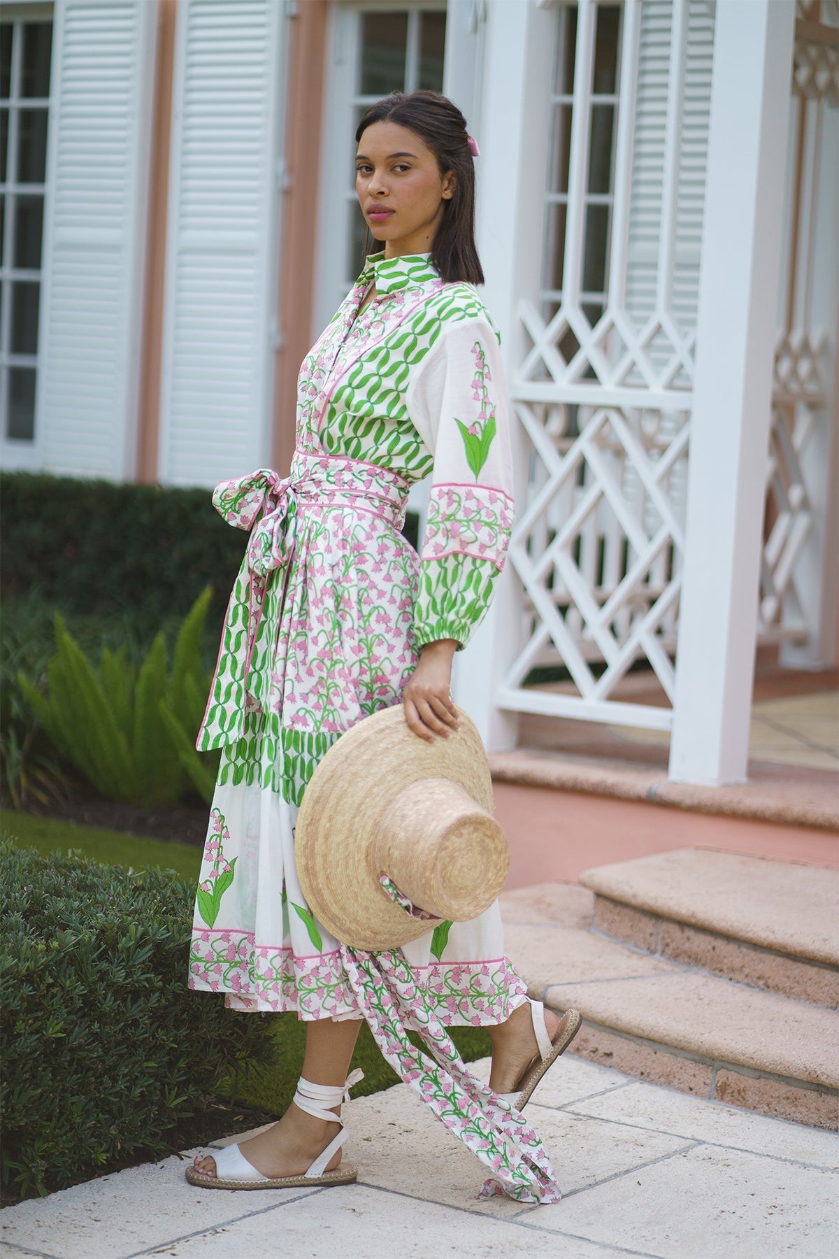 Flounce Dress in Guava & Kelly Green Lily of the Valley