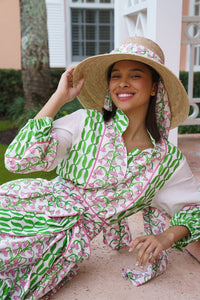 Flounce Dress in Guava & Kelly Green Lily of the Valley