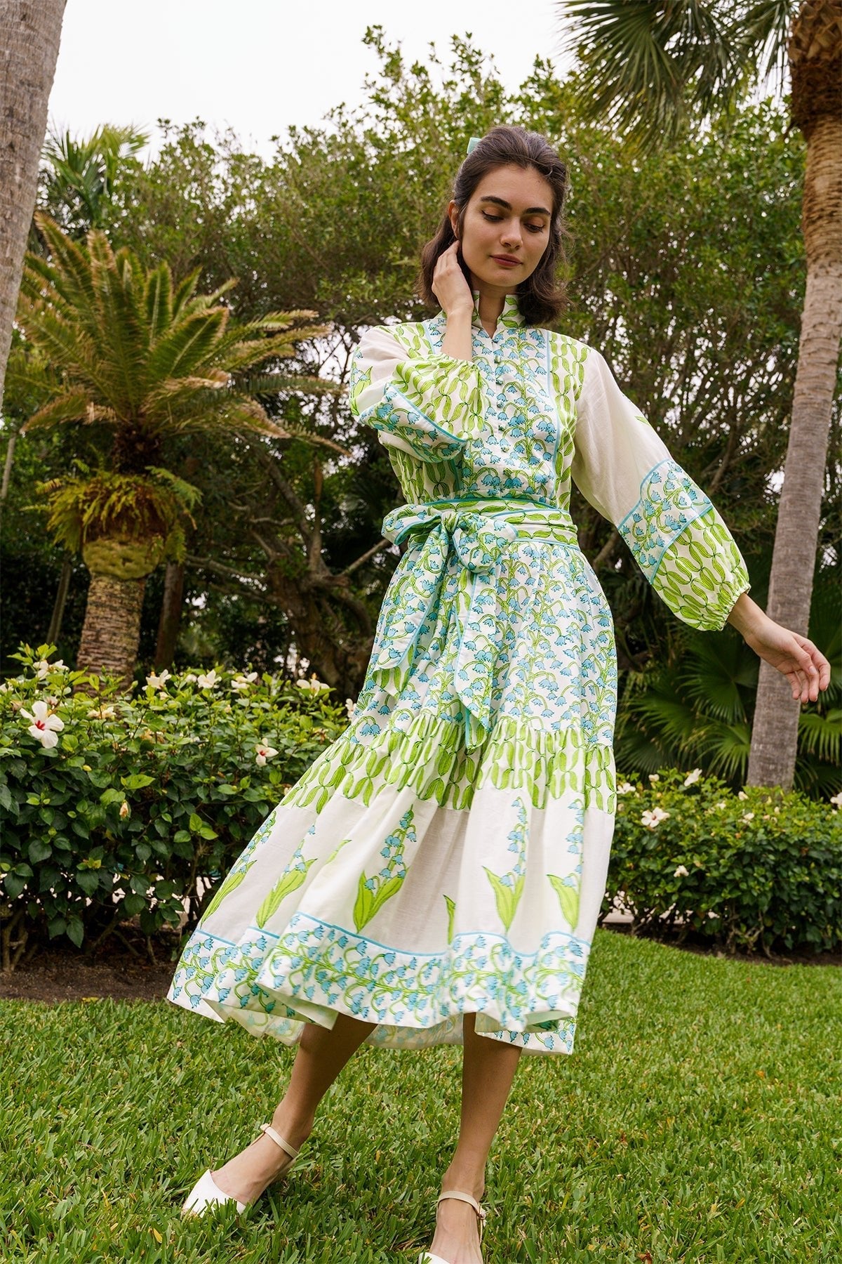 Flounce Dress in Lake & Celery Lily of the Valley