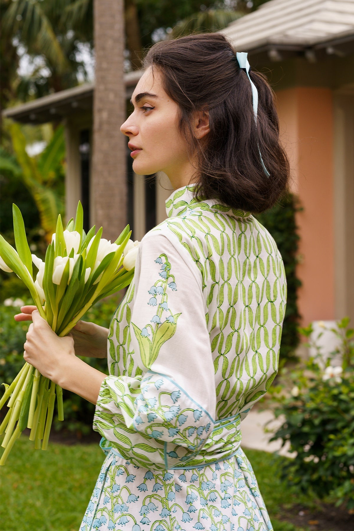 Flounce Dress in Lake & Celery Lily of the Valley