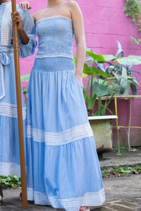 Flounce Smocked Waist Skirt in Blue & White Pinstripe Trellis Lace
