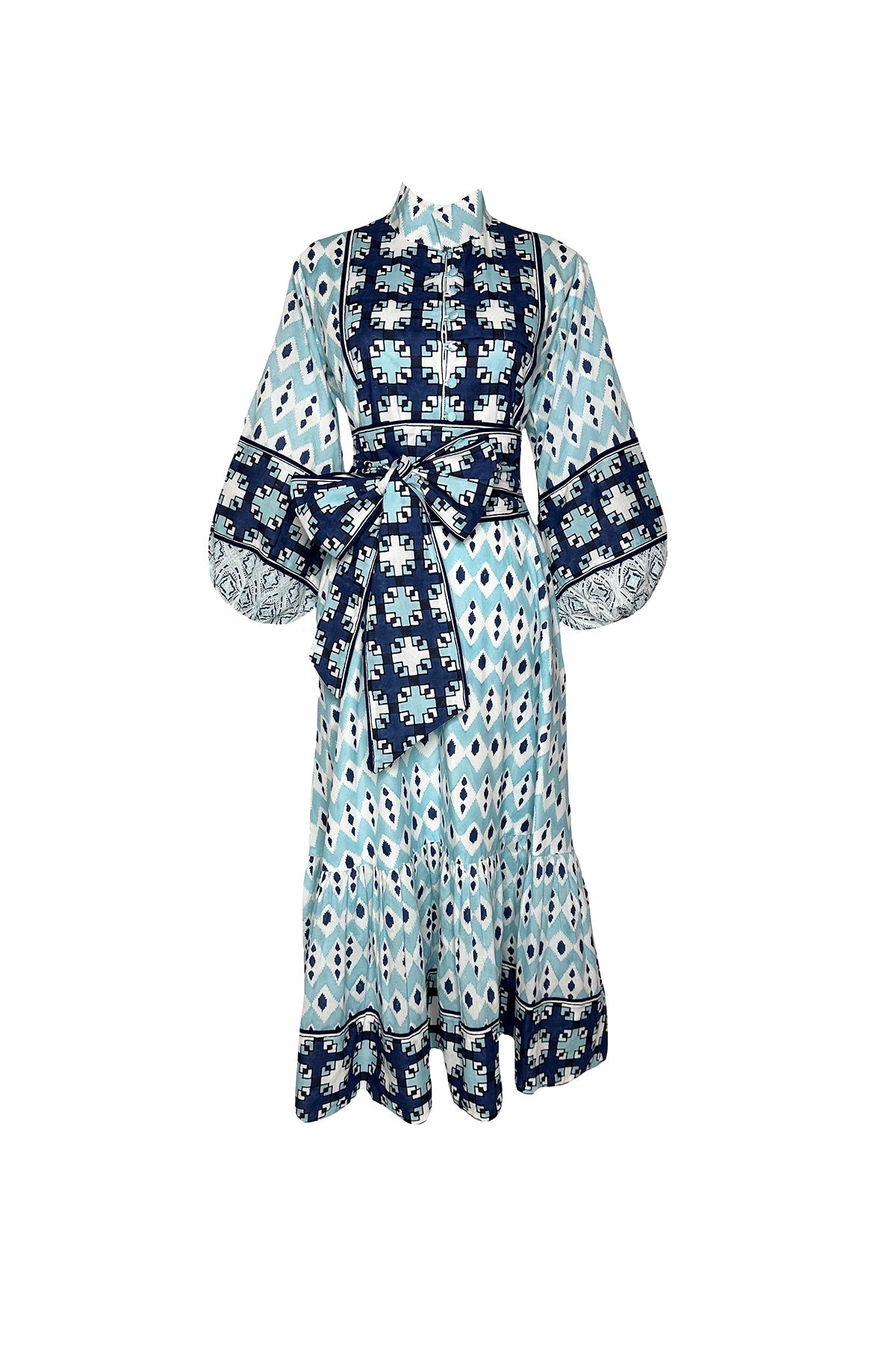 Flounce Dress in Dusty Blue & Navy Ikat