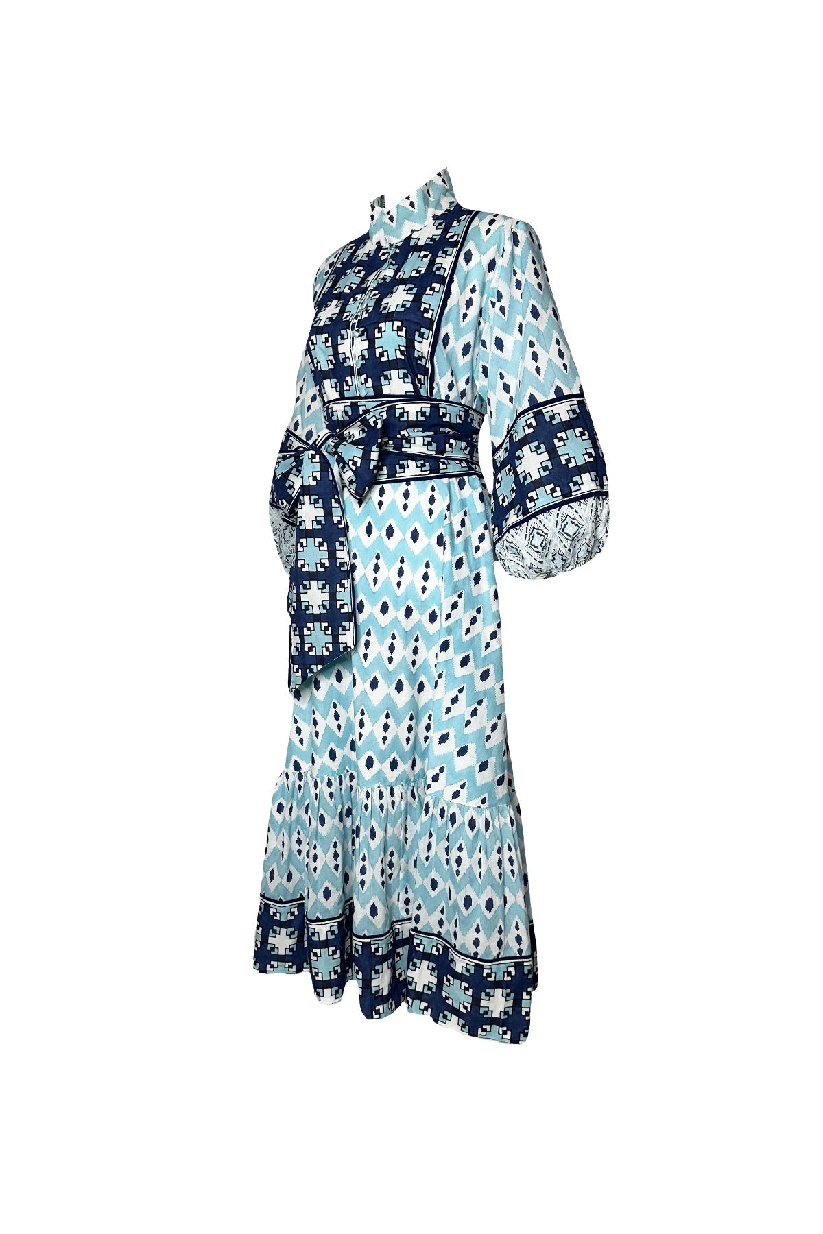 Flounce Dress in Dusty Blue & Navy Ikat