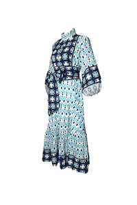 Flounce Dress in Dusty Blue & Navy Ikat